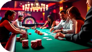 Players engaging in poker at i5bet, surrounded by vibrant poker chips and a roulette wheel.