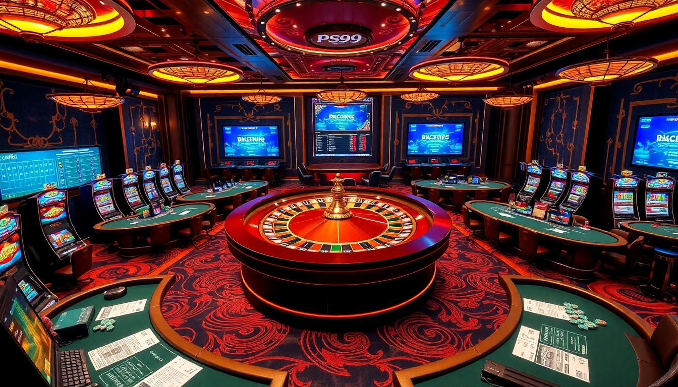 Engaging scene of gamblers enjoying games at PS99 casino with poker tables and slot machines.