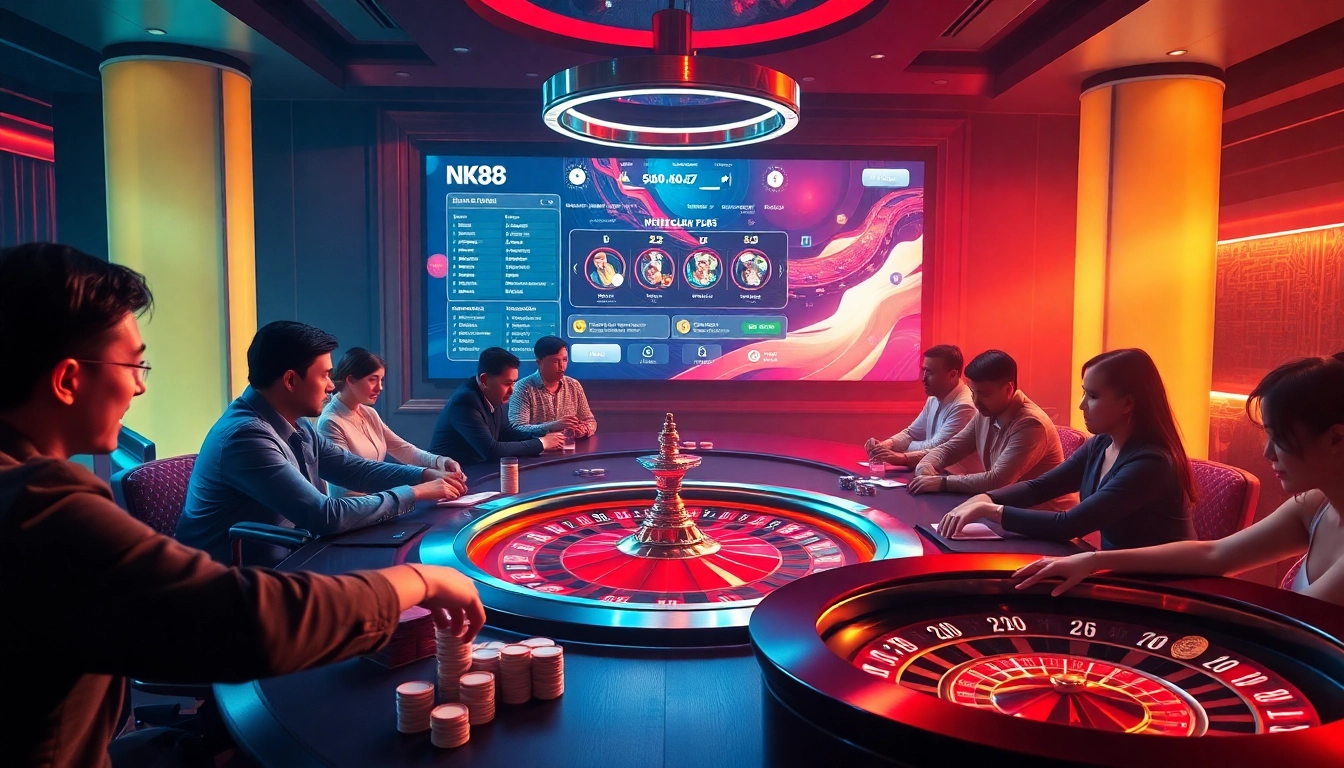 NK88-themed casino gameplay with players at a vibrant gaming table, showcasing thrilling action.