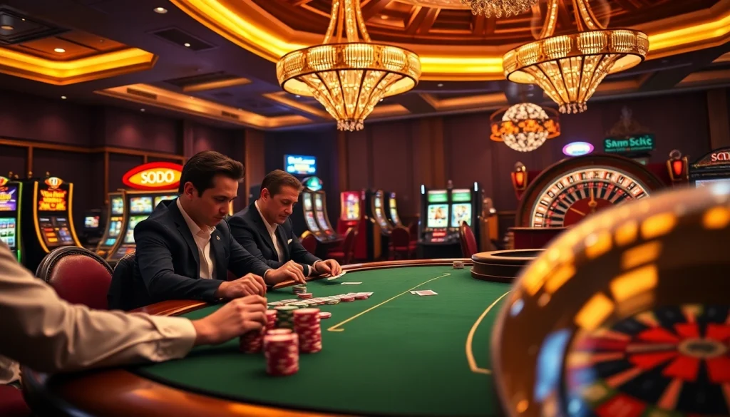 SODO Casino poker table with intense players, colorful chips, and a spinning roulette wheel.