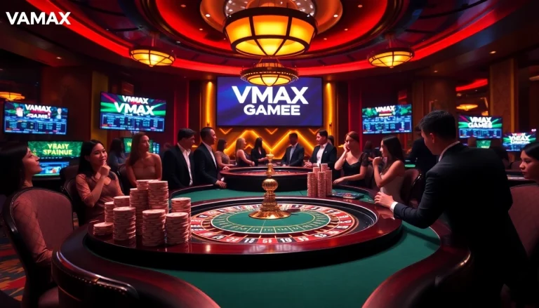 Experience thrilling gaming at vmaxgame.net's vibrant casino atmosphere with poker and roulette.