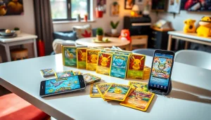 現代的なテーブルの上に美しく並ぶ ポケパ365 おすすめカード。鮮やかなポケモンのテーマを展示。