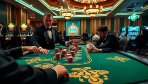 KJC players engaging in a high-stakes poker game at a glamorous casino table.