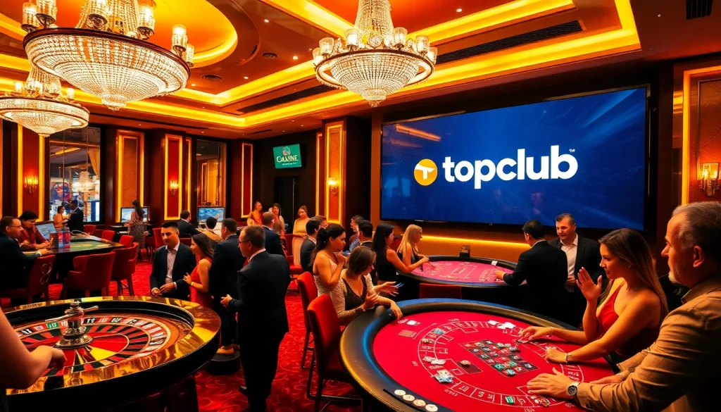Experience thrilling gameplay at topclub casino filled with excited gamblers at a vibrant roulette table.
