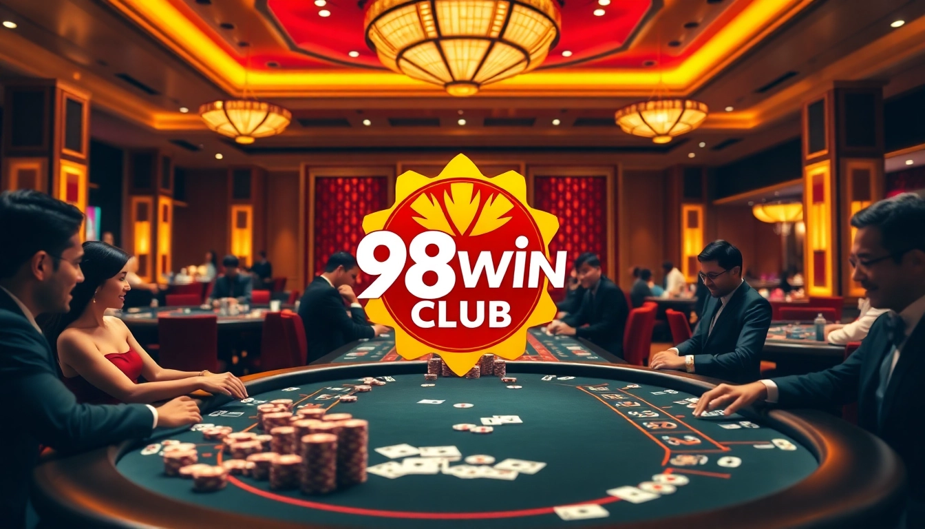 A gaming table scene at the 98win club showcasing poker chips and cards in action.