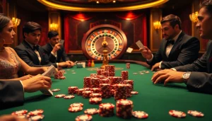 Engaged gamblers strategizing at a poker table, showcasing https://lc88.jpn.com/ casino excitement.