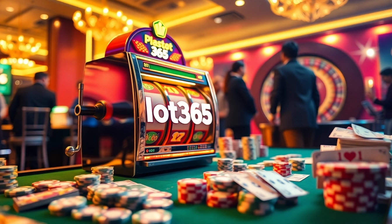 Spin the iconic slot365 machine surrounded by vibrant casino elements like poker chips and betting slips.