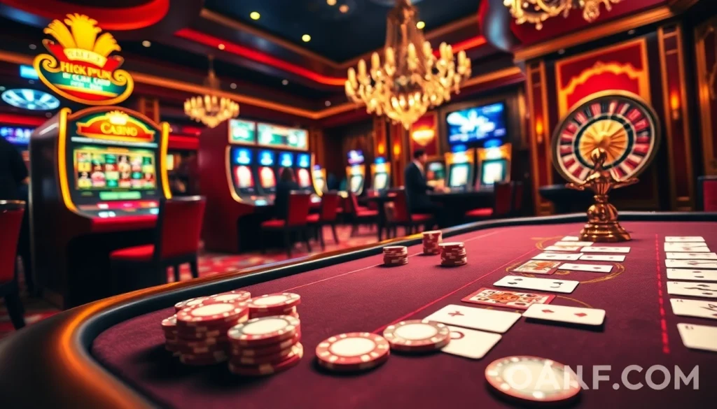 Experience the thrilling excitement of gambling at OKFUN.COM with a luxurious casino scene.