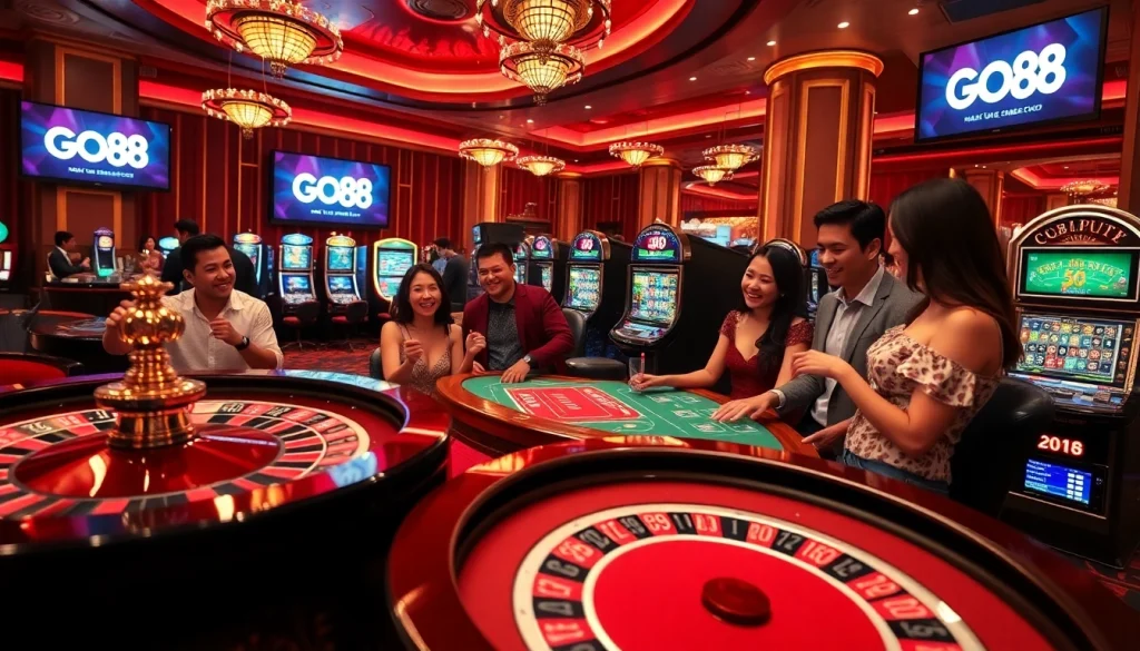 Players enjoying a thrilling game experience at GO88 casino with poker, roulette, and slot machines.