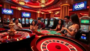 Players enjoying a thrilling game experience at GO88 casino with poker, roulette, and slot machines.
