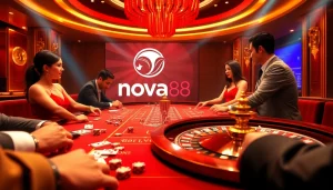 NOVA88 players enjoying a thrilling game at the roulette table with vibrant casino ambiance.