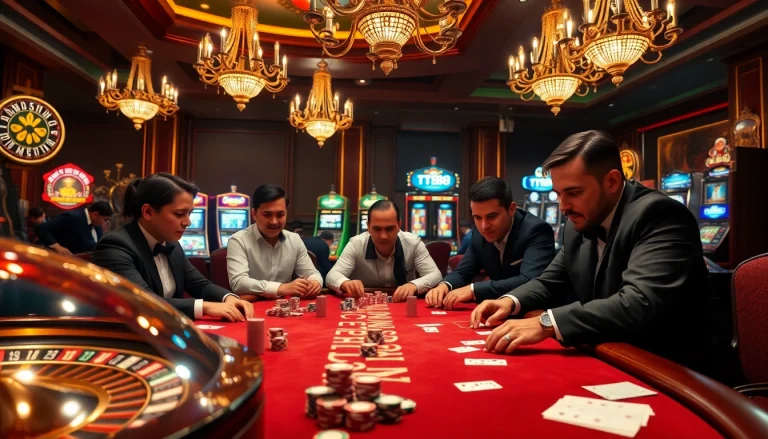 Engaged players at a TT88 casino poker table, emphasizing luxury and excitement.