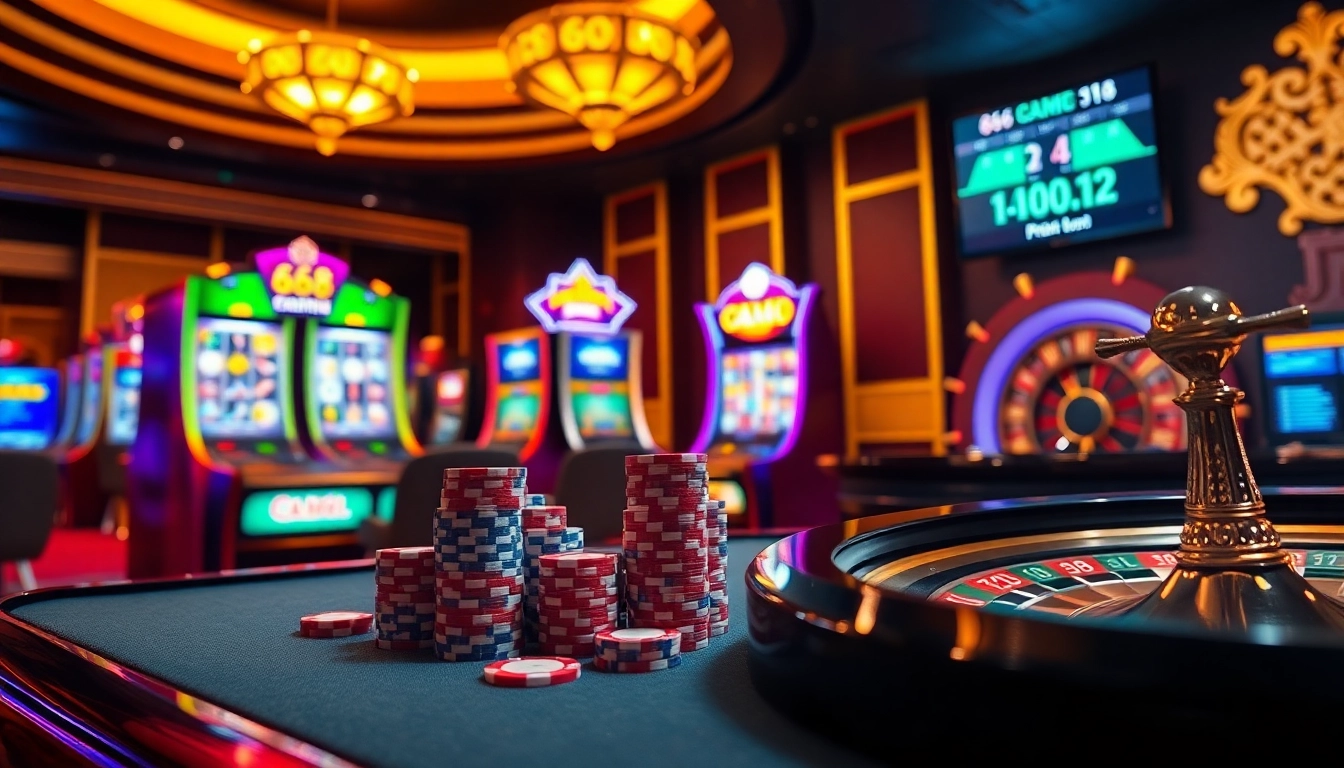 Exciting gaming scene showcasing 68 game bài with vibrant slot machines and poker chips.
