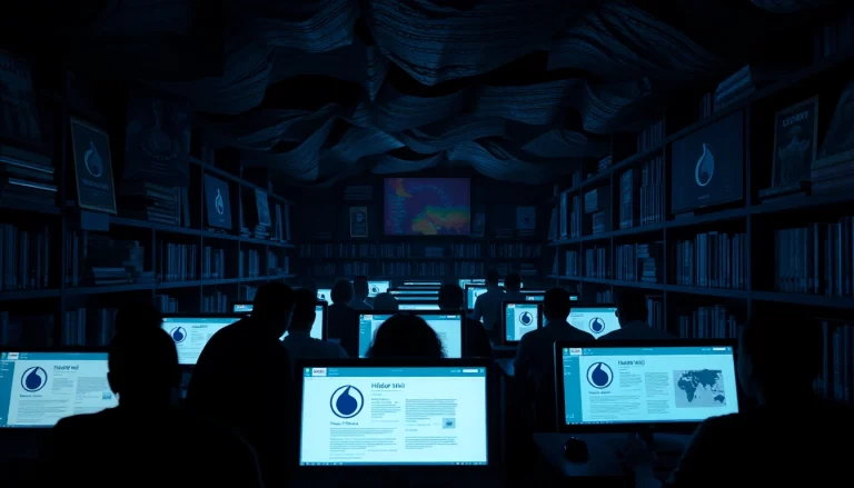 Explore the hidden wiki in a dimly lit underground library, featuring glowing screens and digital maps.