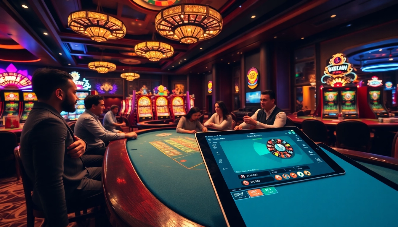 Joueurs enthousiastes à une table de poker de casino en ligne de luxe avec des machines à sous vibrantes et des roues de roulette.