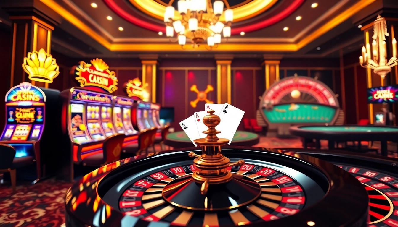Engaging gaming experience at https://luckywin.fan/ featuring poker tables and vibrant slot machines.