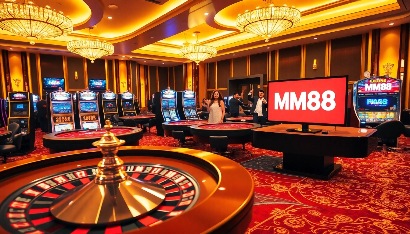 Experience the excitement of gambling at MM88 with a vibrant casino scene featuring dynamic tables and games.