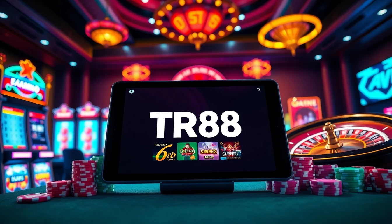 Experience the excitement of the TR88 APP showcased on a sleek tablet among vibrant casino elements.