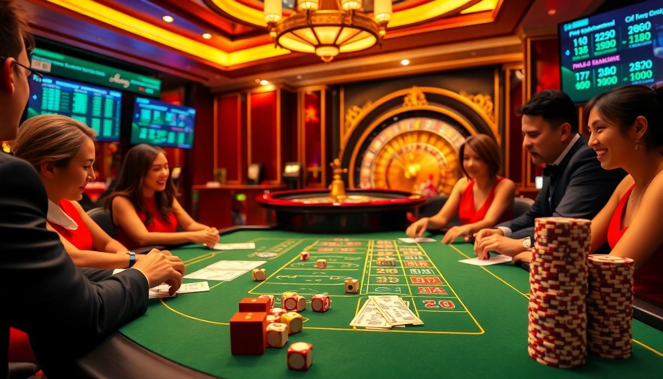 Players enjoying Tài Xỉu at https://taixiumd5.fan/, with dice, chips, and a roulette wheel enhancing the excitement.