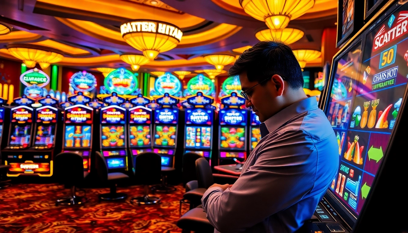 Exciting scene of a player engaging with slot demo scatter hitam machines in a vibrant casino.