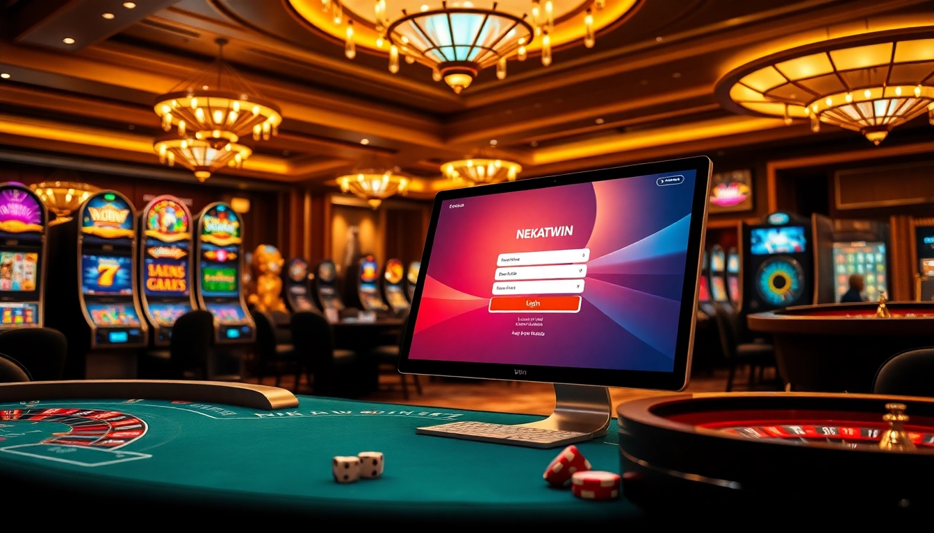 Experience the excitement of login nekatwin with vibrant gaming elements and luxury casino visuals.