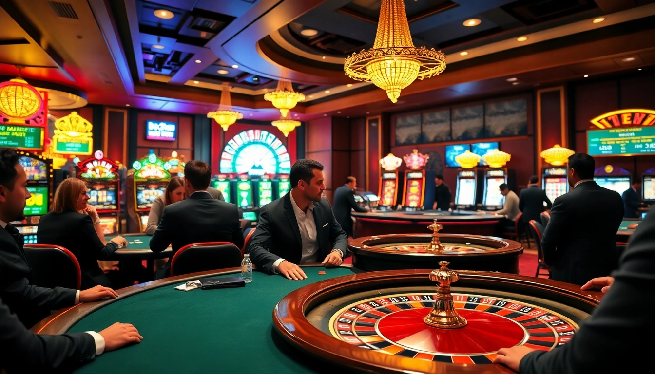 Découvrez l'excitation dans un casino en ligne de luxe avec des tables de poker et des machines à sous vibrantes.