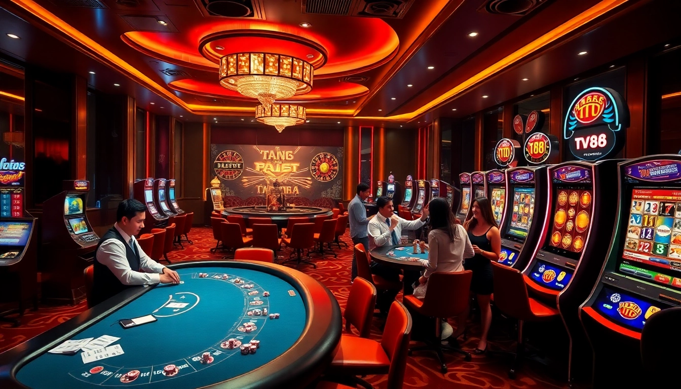Players celebrating a big win at TV88's luxurious casino tables filled with excitement.