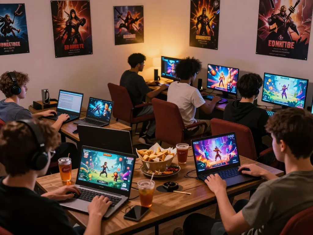 Engaging players enjoying vibrant porn game online in cozy gaming lounge setting.