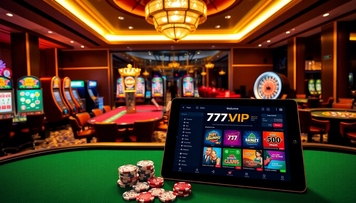 Engaging casino scene showcasing the 777VIP online gambling platform with poker tables, slot machines, and excitement.