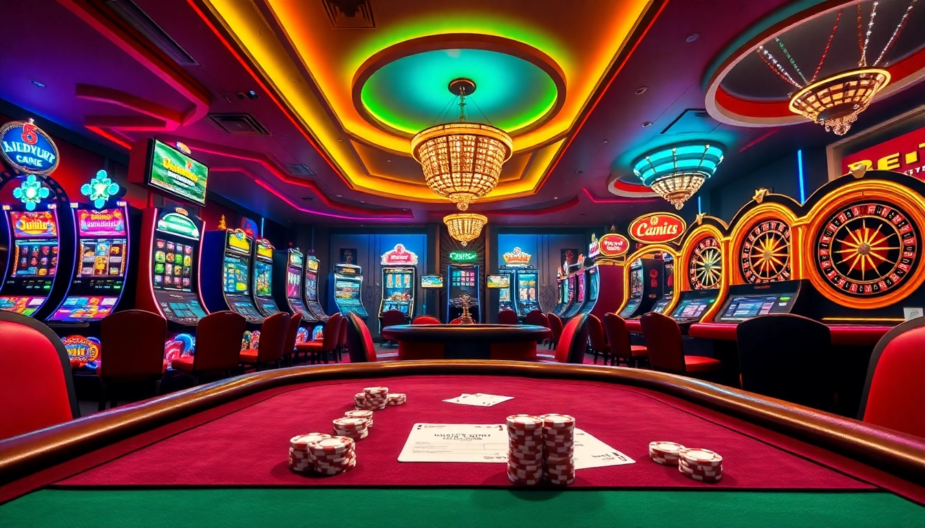 Experience the thrill of Jogoluck's casino atmosphere with vibrant slot machines and elegant poker tables.
