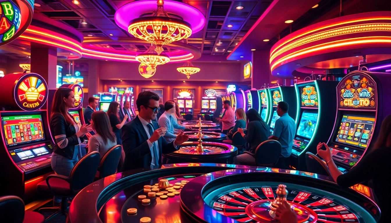 Erleben Sie neue casino bonus ohne einzahlung in einem lebhaften Casino mit Spielern und Slot-Maschinen.
