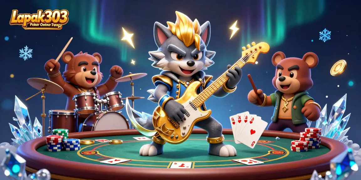 Experience the thrill of Lapak303 Poker Online Terpercaya with vibrant casino action and cartoon characters.