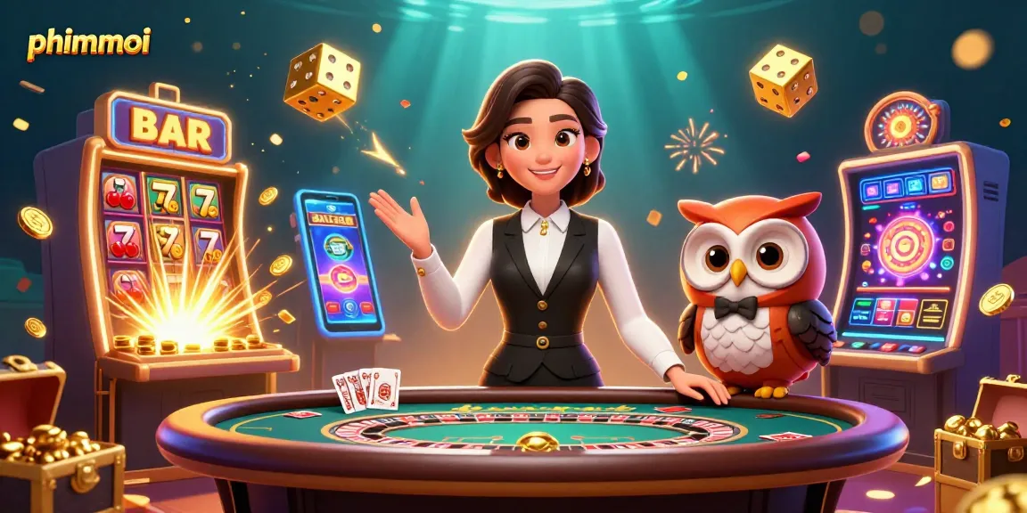 Experience the thrill of phimmoi with dynamic casino action featuring a smiling dealer and exciting game elements.