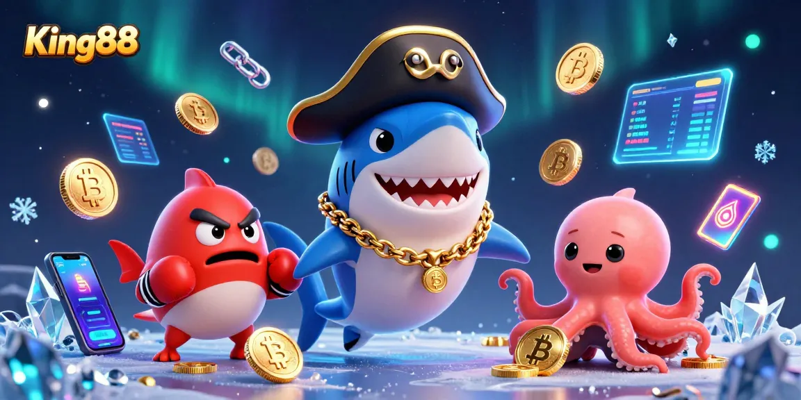 Experience thrilling action with King88 in this vibrant 3D casino scene, featuring playful characters and crypto elements.