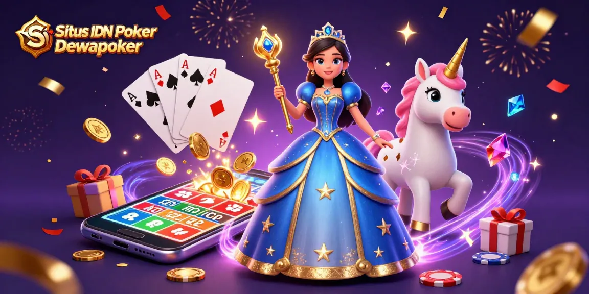 Situs IDN Poker Dewapoker showcases vibrant gameplay with magical elements and festive atmosphere.