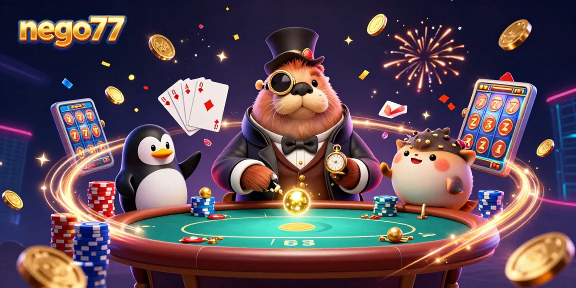 Nego77 captures an exciting underwater poker game with a walrus, penguin dealer, and pufferfish, showcasing vibrant casino elements.