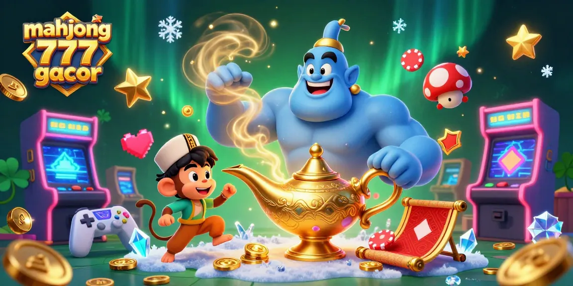 Engaging scene of mahjong 777 gacor with a blue genie, monkey, and poker chips amidst vibrant casino elements.
