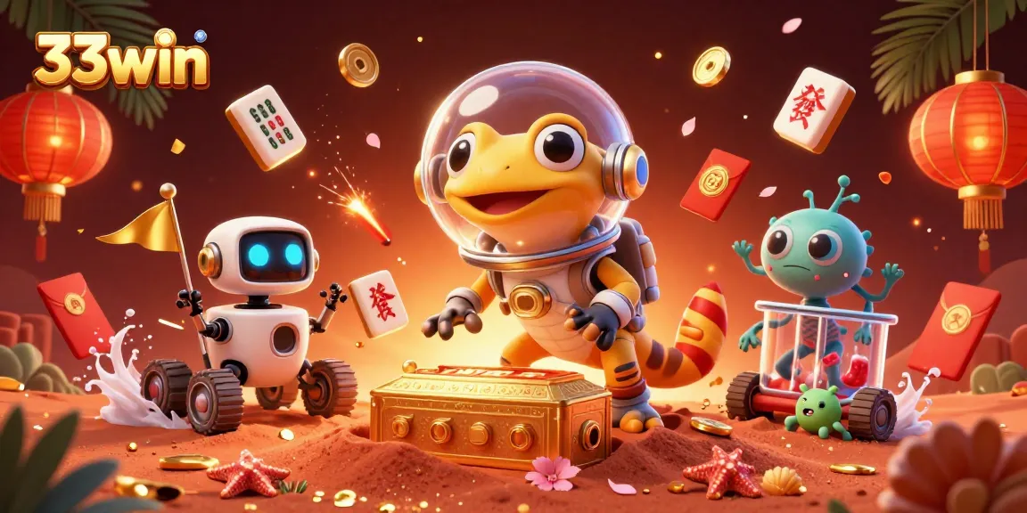 Experience thrilling gaming moments with 33win's vibrant casino adventure featuring a Martian gecko and gaming treasures.