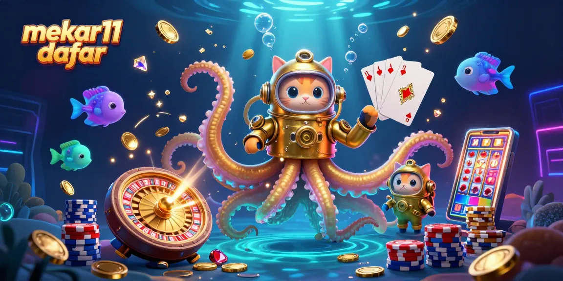 Experience the thrill of mekar11 daftar with cascading coins and a diving cat in a vibrant underwater scene.