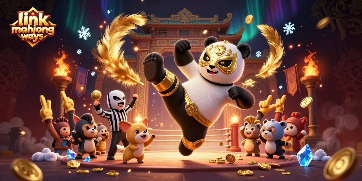 A 3D cartoon scene of a panda performing a flying kick to highlight link mahjong ways in a vibrant casino atmosphere.