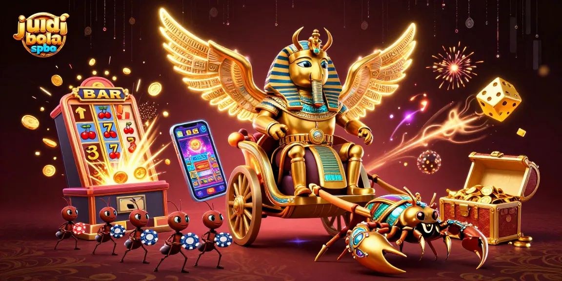 Engage with judi bola spbo in this vibrant 3D illustration featuring a golden scarab beetle and dynamic casino elements.