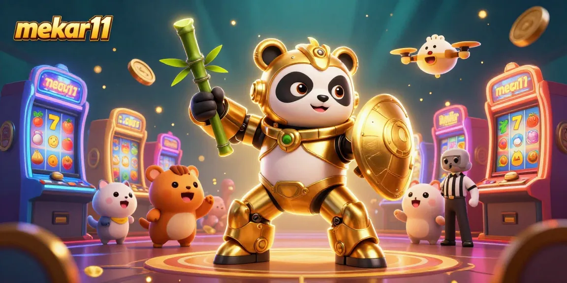Mekar11 showcases an exhilarating casino scene with a golden panda robot amid vibrant slot machines.