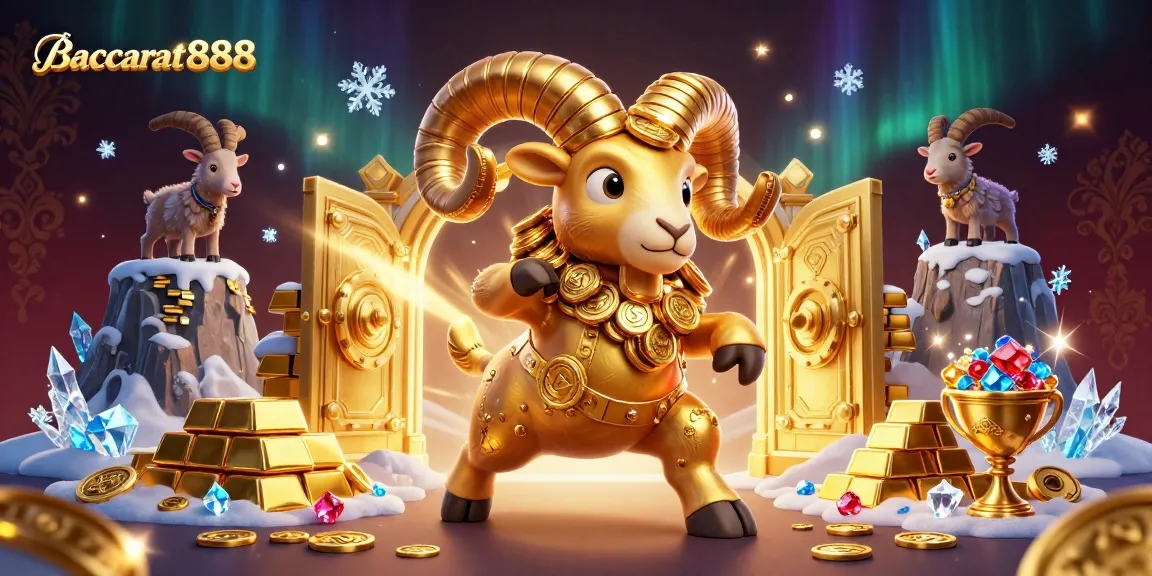 Baccarat888 game showcasing excitement with a golden ram charging through a treasure vault bursting with riches.