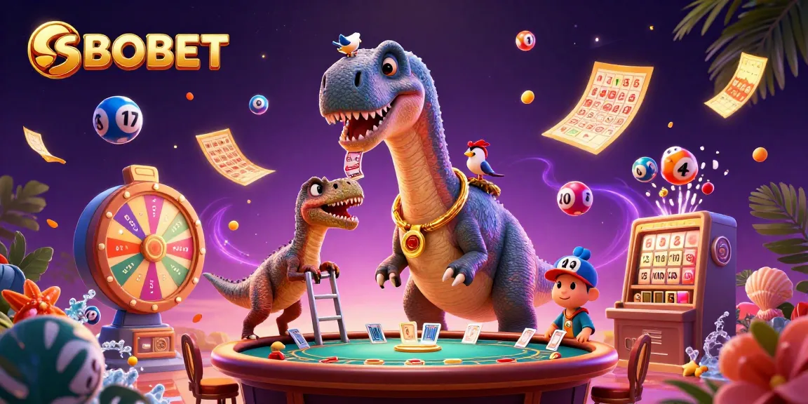 SBOBET's exciting gambling scene with a whimsical brontosaurus and clever raptor dealing cards