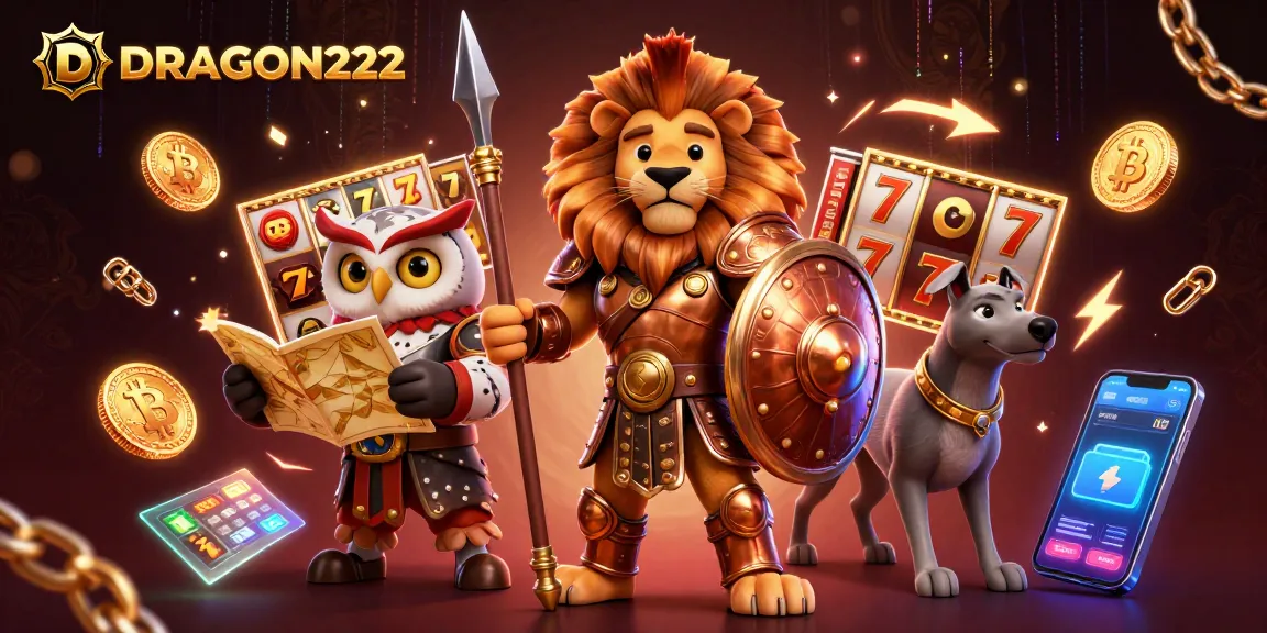 Experience exhilarating wins at DRAGON222 with 3D illustration of slots, strategic characters, and crypto elements.