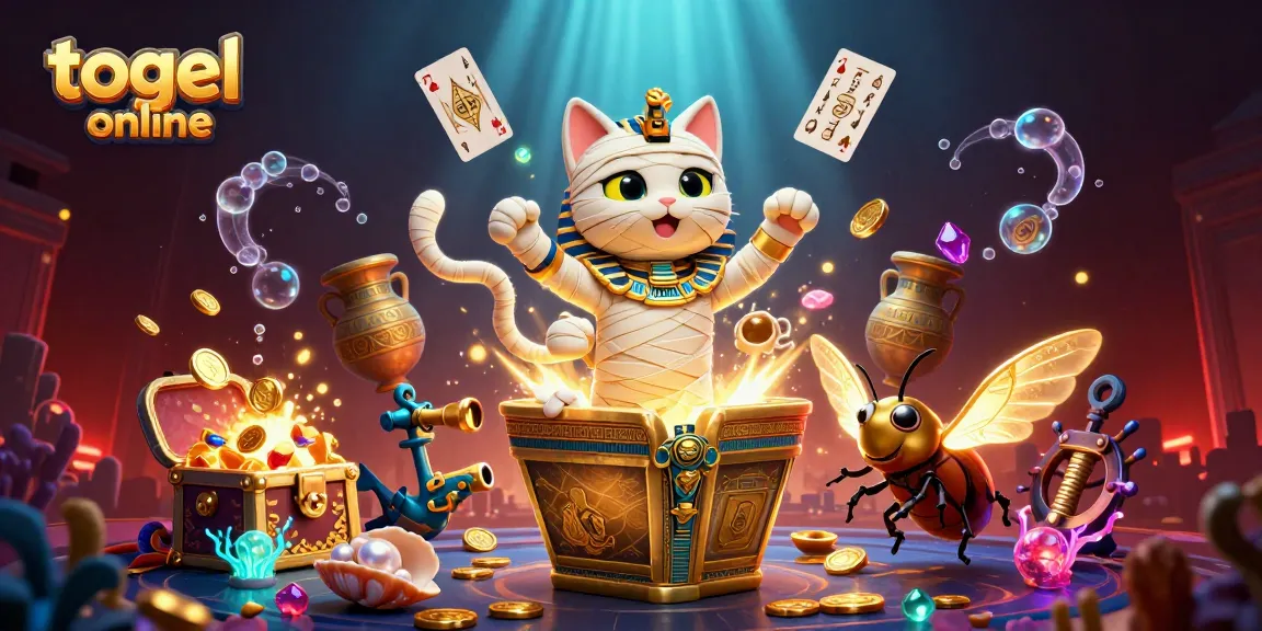 Bermain togel online dengan suasana kasino yang penuh warna dan karakter unik seperti kucing mumi Mesir.