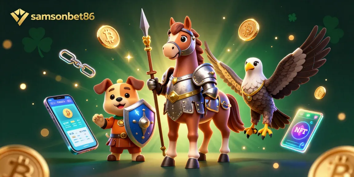 Engage with samsonbet86, showcasing a medieval knight and puppy in a colorful crypto-themed casino scene.