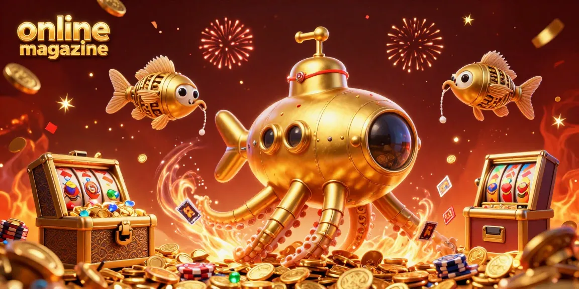 Engage with the excitement of the online magazine featuring a golden kraken submarine amidst celebratory casino elements.