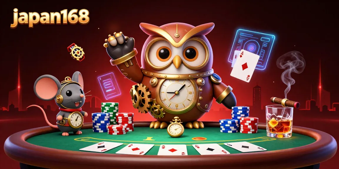 Experience excitement at japan168 with a time-traveler owl and poker chips in this vibrant 3D casino scene.