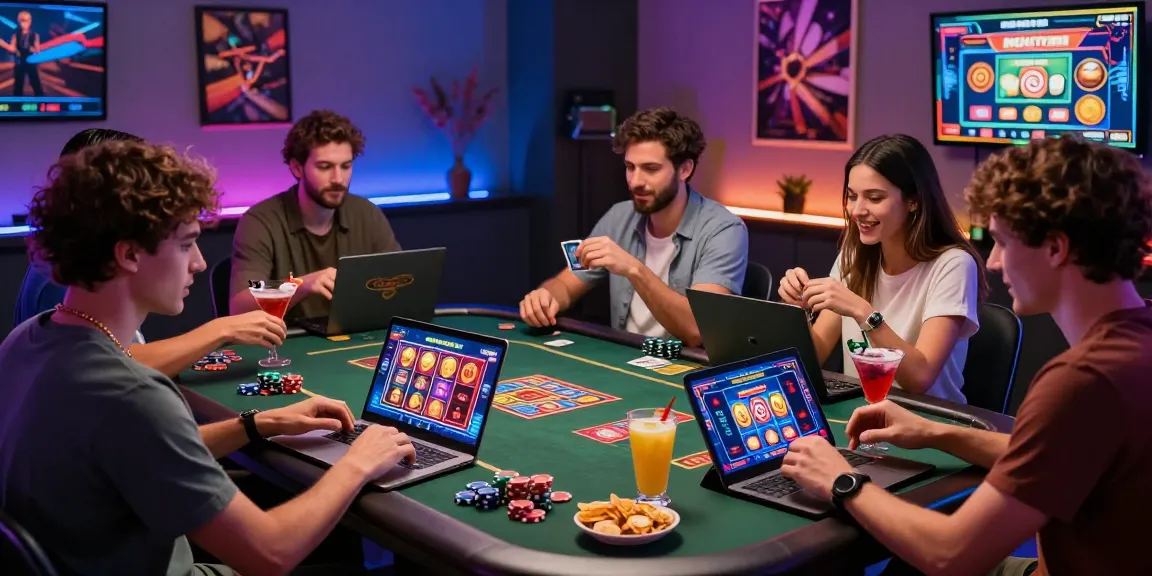 Group enjoying online card games at credit card casinos, featuring vibrant screens and lively atmosphere - https://ieee.org.uk